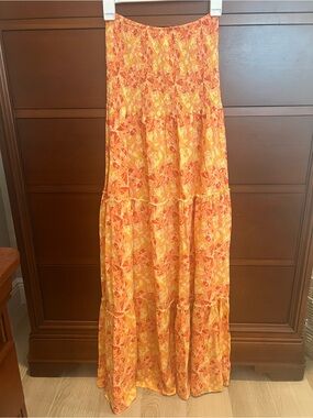 Sunday Mi Amor Smocked Maxi Dress in Yellow & Coral Print. Summer fun dress